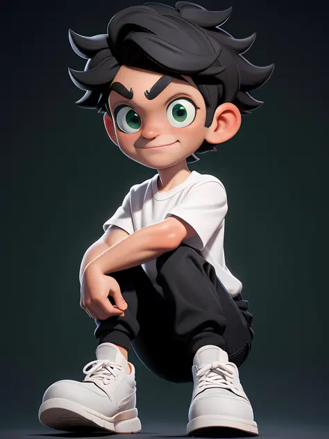 (Masterpiece: 1.5), (Best Quality: 1.5), High Resolution, Highly Detailed, 3DMM, 1boy, white shirt, black pants, black shoes with white sole, White background with shadow, black hair, sitting, short sleeves, green eyes, simple cgi background, correct postu...