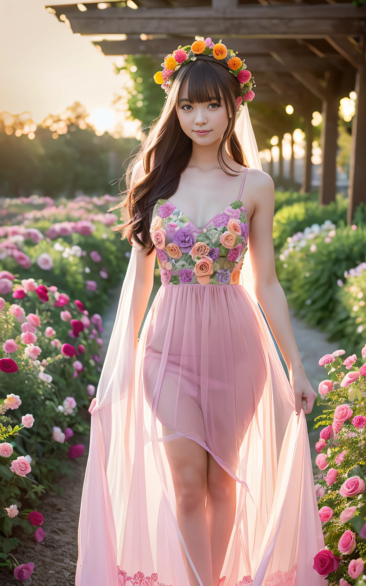 Full body photo,((((Slim body)))),20 years old, twilight rays, sheer summer dress, flower crown, ((Rose tunnel)), rose front bokeh, bokeh, photorealistic, surrounded by colorful roses, ((smiling)))), (1 girl), (sunset:1.3), (8k, RAW photography, best quality, masterpiece:1.2), (realistic, photorealistic:1.37), Best Quality, Ultra High Definition,(Standing in a Flower Garden:1.3), (Bright and Colorful:1.3)