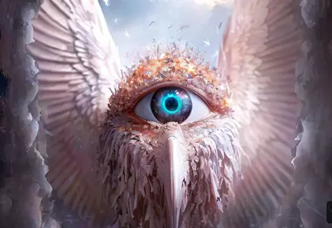 there is a bird with a blue eye and a long beak, open eye freedom, visionary art, highly detailed visionary art, digital visiona...