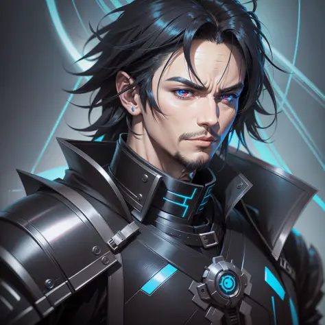 anime face with black futuristic cyperpunk outfit with blue neon, face in demon slayer art, anime style character, anime style portrait, anime portrait of a man, mature anime man, male anime style, tall anime face with red eyes, realistic anime art style, ...
