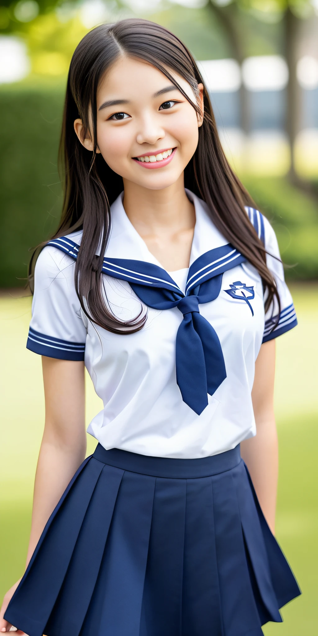 neat college girl, (school uniform, sailor uniform, ribbon tied at chest, summer uniform, upper body white, skirt is navy blue), outside the athletic field, (slim), photorealistic, detail, skin texture, ultra detail, delicate and sexy collarbone, smile, super detailed face, detailed lips, detailed eyes, double eyelids, small breasts, small breasts, small, flat breasts, breast emphasis