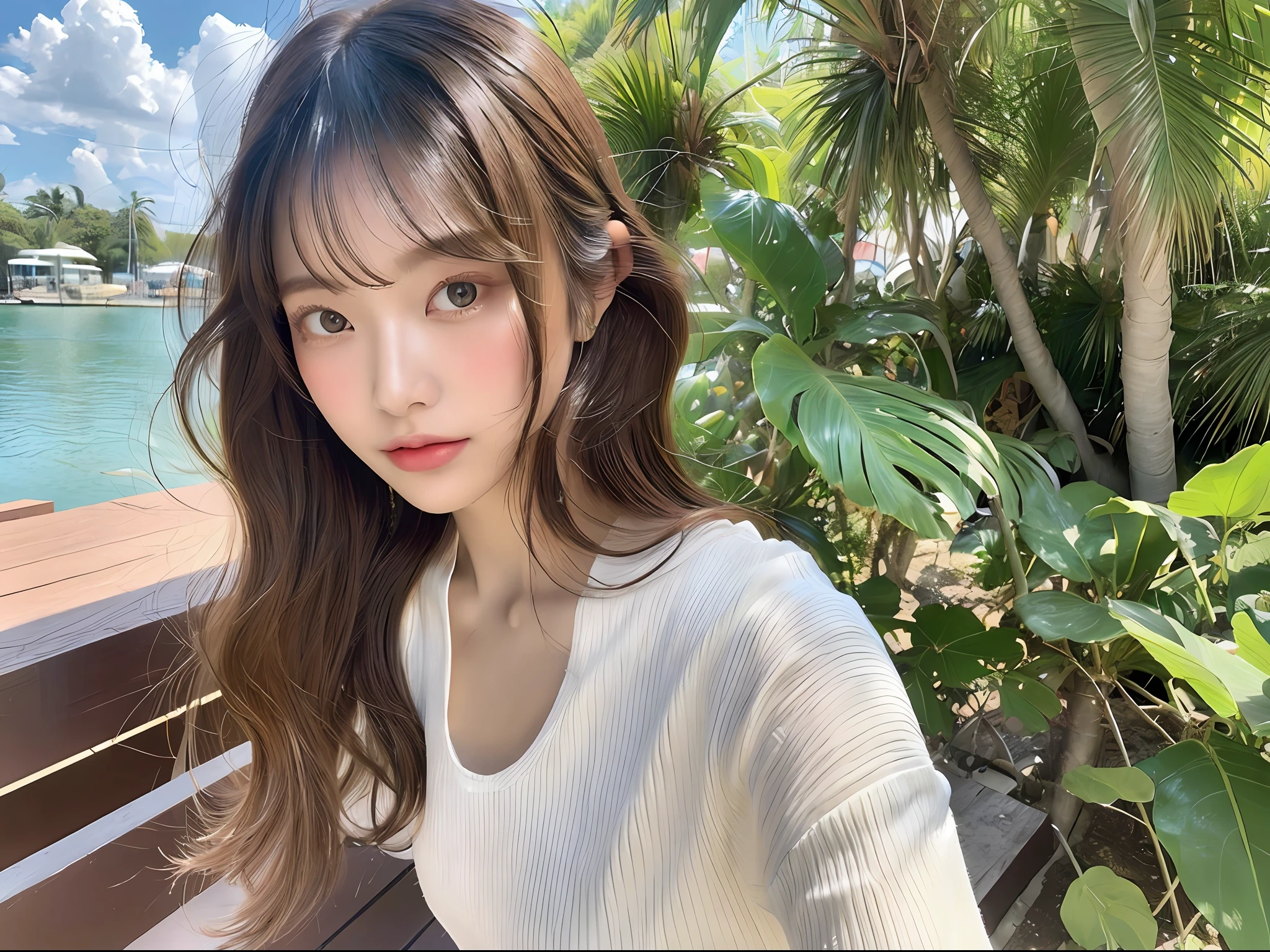 (8k, highest quality, masterpiece: 1.2), (hair_style), (realistic, photorealistic: 1.37), plump eyes, highest quality, masterpiece, in the summer sun, sky and sea background, shot on wooden deck, [small breasts], backlit, shooting from the waist up, camera angle from below, pose with hair raked up with hands, shot in natural light from morning to noon, Hairstyles and fashion styles that match the Japan trends of 2023, realistic, super detailed, 30s, actress, half Japanese and Russian half model, elaborate CG, slender, adorable, hairstyle matches the fashion of Japan in 2023 layer cut that flutters in the wind, delicate skin type, fine details and softness, model hair color is bright and soft, Choose a short-length T-shirt that matches the summer trends of 2023 and pair it with pale pastel colors for surf fashion.