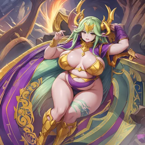 1girl, dragon horns, dragon scales, dragon tail, looking at viewer, annoyed, plump, belly showing, massive belly, fat, laying on gold coins, gigantic belly