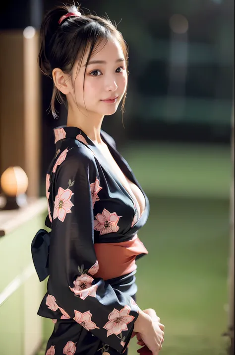 fancy yukata, ponytail))), (walking sideways, festivals, in the 