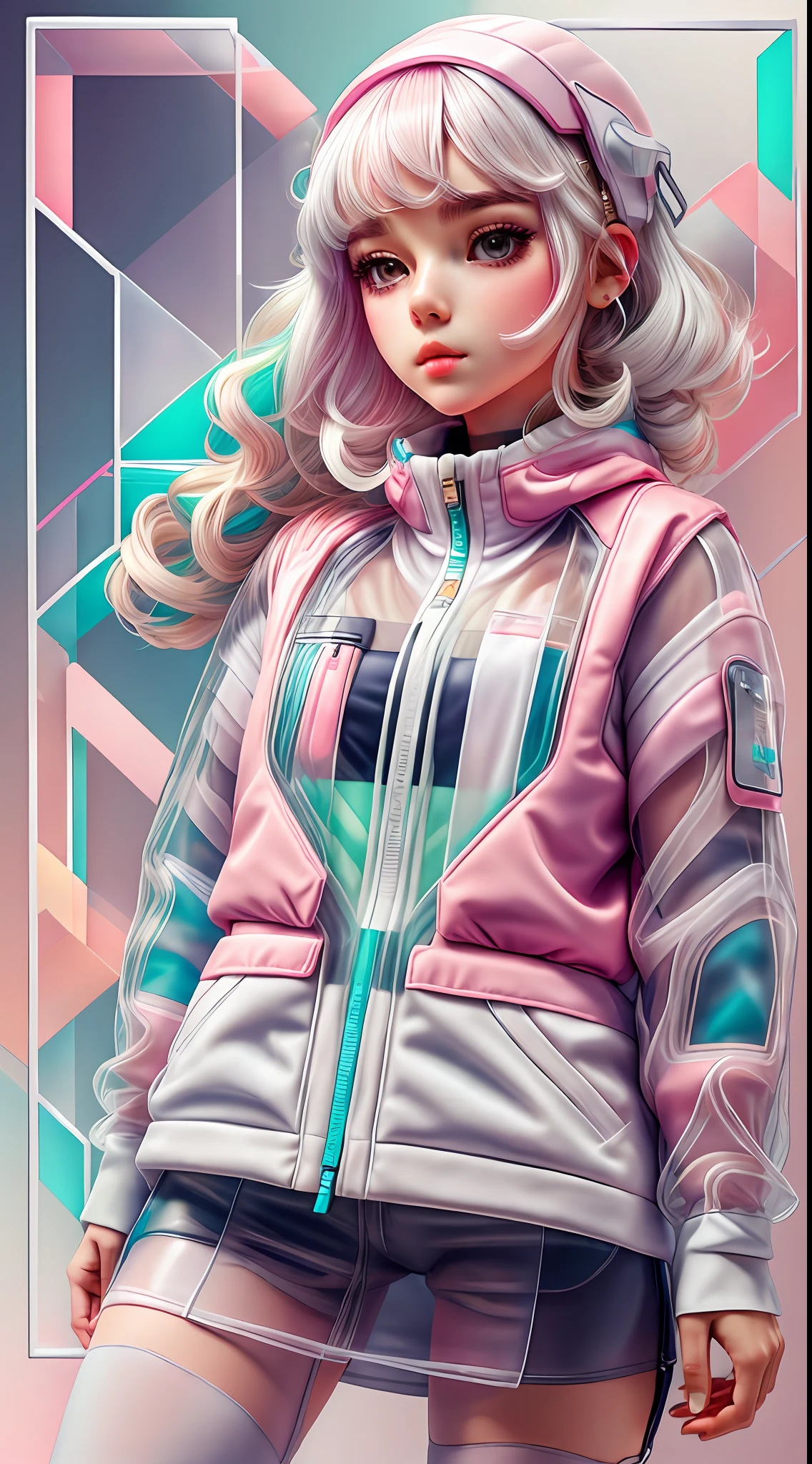 Weiß,totally Weiß,Pastellfarben,1Mädchen mit Techwear-Kleidung(TRANSPARENT:1.2)geometrisch:1.3,sexy,Papercute-Hintergrund