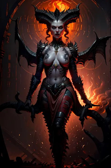 Lilith inside a church, fire, lightning, blood, whole body, in the style of D14bl0 red dramatic lights