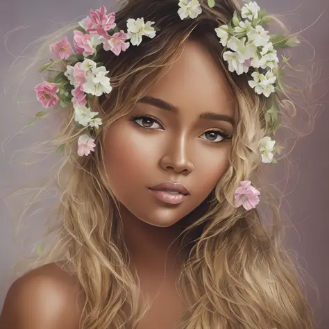 realistic portrait 1 girl with a flower in her hair, clean photo, breathtaking rendering, (tanned skin), instagram artwork, deta...