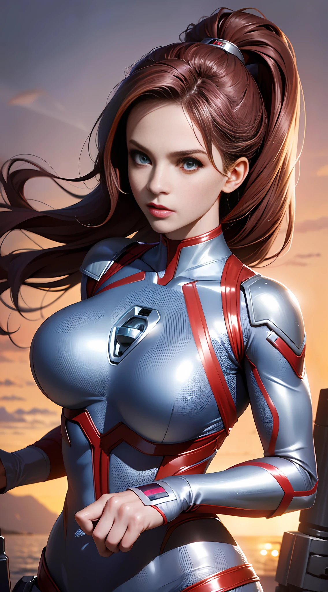 High quality fingers, normal hands, detailed fingers, masterpiece, (realistic, photorealistic: 1.37), (22-year-old woman), galaxy Ultraman, female Ultraman, classic red silver tights, energy indicator with blue light on the chest, {{huge_breast}}, small waist, crimson hair, blue eyes, beautiful face, perfect lighting, determined eyes, looking at the audience, amazing beautiful woman, detailed hairstyle, detailed background
