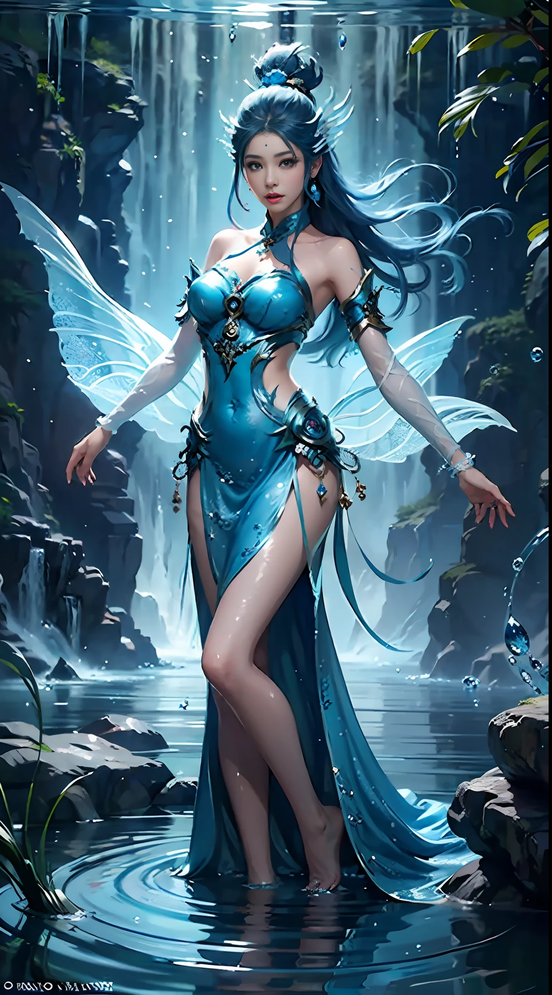 Arafed Frau in einem blauen Kleid schwimmt in einem Gewässer, Ätherische Fantasie, Nahaufnahme Fantasie mit Wassermagie, Wasserfee, Fantasy-Kunststil, asiatisches weibliches Wasserelementar, wunderschöne Fantasy-Kunst, wunderschönes Fantasiemädchen, Xianxia-Fantasie, eine atemberaubende junge ätherische Figur, Jingna Zhang, Fantasie Frau, Ganzkörper-Xianxia, digitale Fantasy-Kunst )