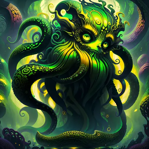 cephalopod, long silky black tentacles, golden glowing eyes, purple body, green flowing sleeves, holding giant green combs in te...