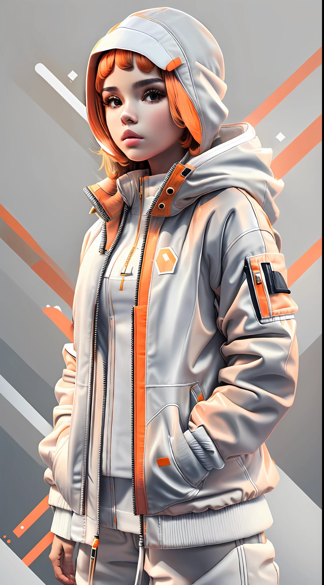 orange,Weiß,1 Mädchen mit Puffer-Techwear-Jacke und Hoodie(Weiß:1.7)geometrisch:1.3,sexy,Papierschnitt:1.5 Hintergrund