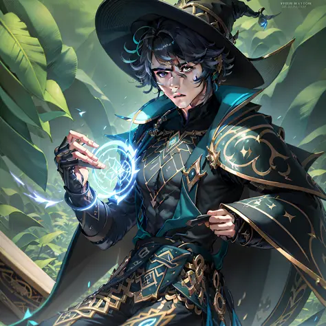 a wizard, young looking, he has a bangs, wizard's hat, black outfit with cumplida sleeve, his outfit has blue details, black pan...