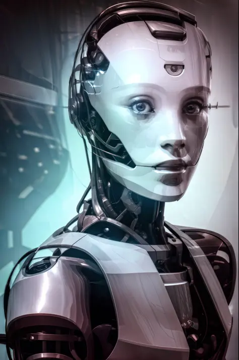 modelshot style, a portrait of woman, robot. All metal and looking forward