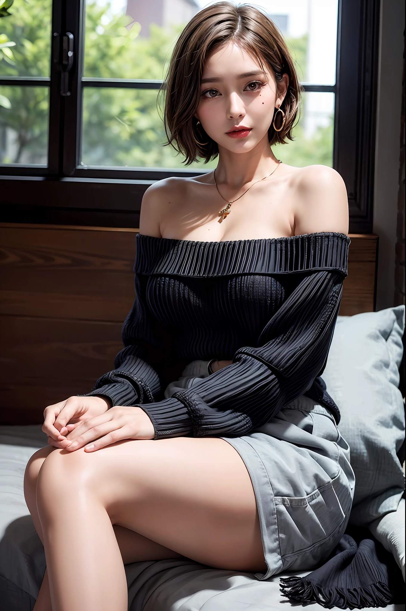 (short hair woman), (off-shoulder sweater, oversized sweater), (hiden short pants), (cross-legged sitting, hands lying on thighs), on bed, medium breasts, deep cleavage, best quality, masterpiece, illustration, very delicate and beautiful, very detailed skin, CG, Unity, 8K wallpapers, amazing, fine detail, highly detailed CG Unity 8K wallpapers, huge file size, high resolution, handsome detailed woman, very detailed eyes and face, Stunning detailed eyes, light on the face, (Best illustration: 1.1), (best shadow: 1.1), ultra high resolution, (photorealistic: 1.1), (photorealistic 1.2:1.1), realistic face proportions,slim,smile,(fluffy black eyes: 1.21), black eyes, looking at the viewer, dark brown hair, earrings, necklaces, hairpins, full body shots, (irregular skin imperfections,veins,moles,skin wrinkles,pores: 1.2), (dark night background: 1.2), (bokeh: 1.4),