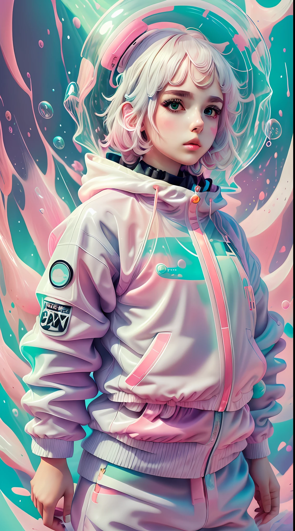 white,totally white,pastel colors,(bubble drip)1girl with techwear clothes,sexy,circular shapes on background(bubble drips)melt
