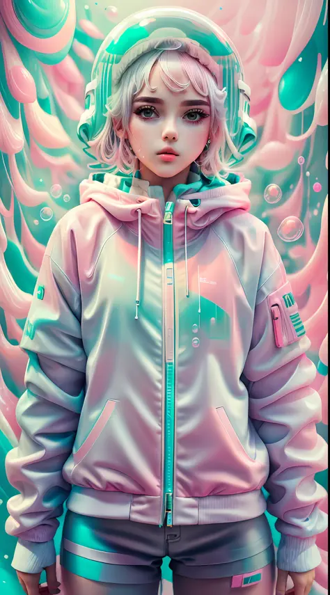 white,totally white,pastel colors,(bubble drip)1girl with techwear clothes,sexy,circular shapes on background(bubble drips)melt