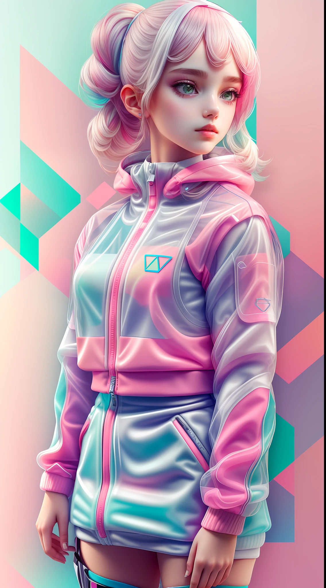 Weiß,totally Weiß,Pastellfarben,1Mädchen mit Techwear-Kleidung(TRANSPARENT:1.2)geometrisch:1.3,sexy,Papercute-Hintergrund