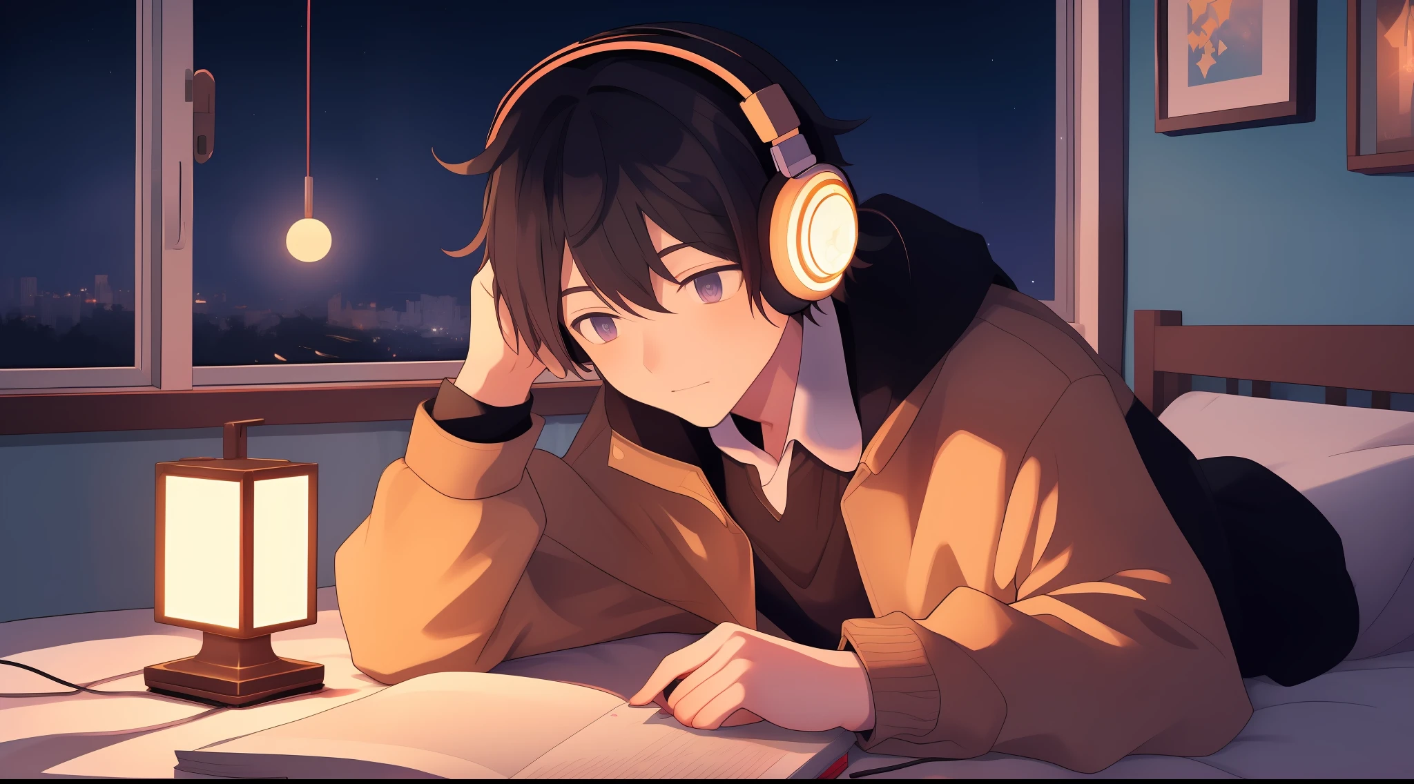 Male anime character lying in bed with headphones, lofi artstyle, digital anime illustration, detailed 2d illustration, lofi art, 2d illustration, 2d illustration, illustrative animation style, background window, night with lamp, night, stars in window, distant image of character, ultra detailed, (looking up), (looking up), (studying).