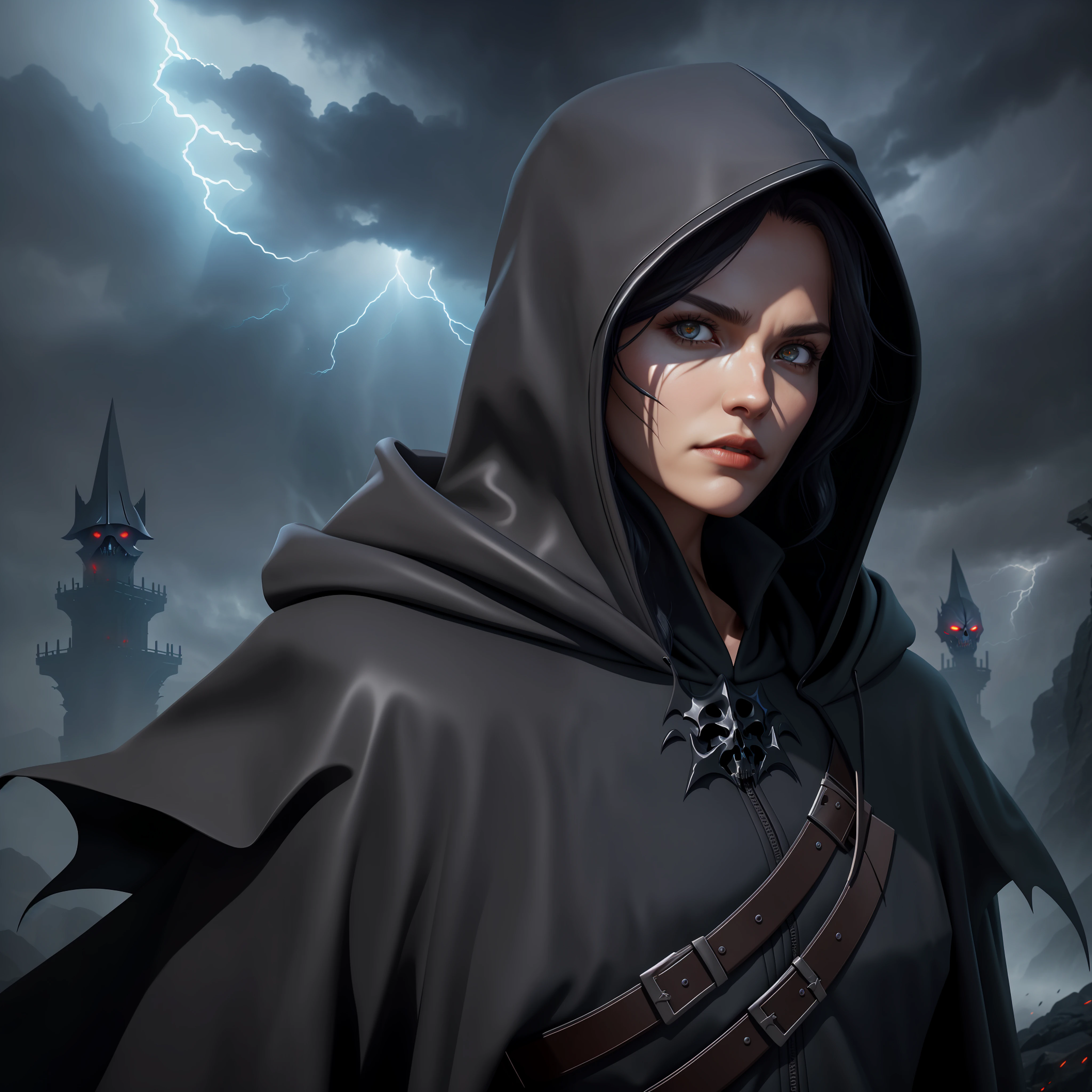 (Superb close face portrait of The Terminator 1.1) as Grim Reaper, ((( black Grimm reaper cloak with hood up))), dark sky, dark clouds, ligthings, storm, thunderstorm, dark night, evil detailed eyes, (( dark synth style)), hyperdetailed details, concept art, trending on artstation, ( beautiful facial realism, perfect full headshot), cowboy shot, Surrealism, Conceptual art, chiaroscuro, god rays, 4k, UHD, UHD, masterpiece, ccurate, textured skin, super detail, award winning, 4K, 1080P