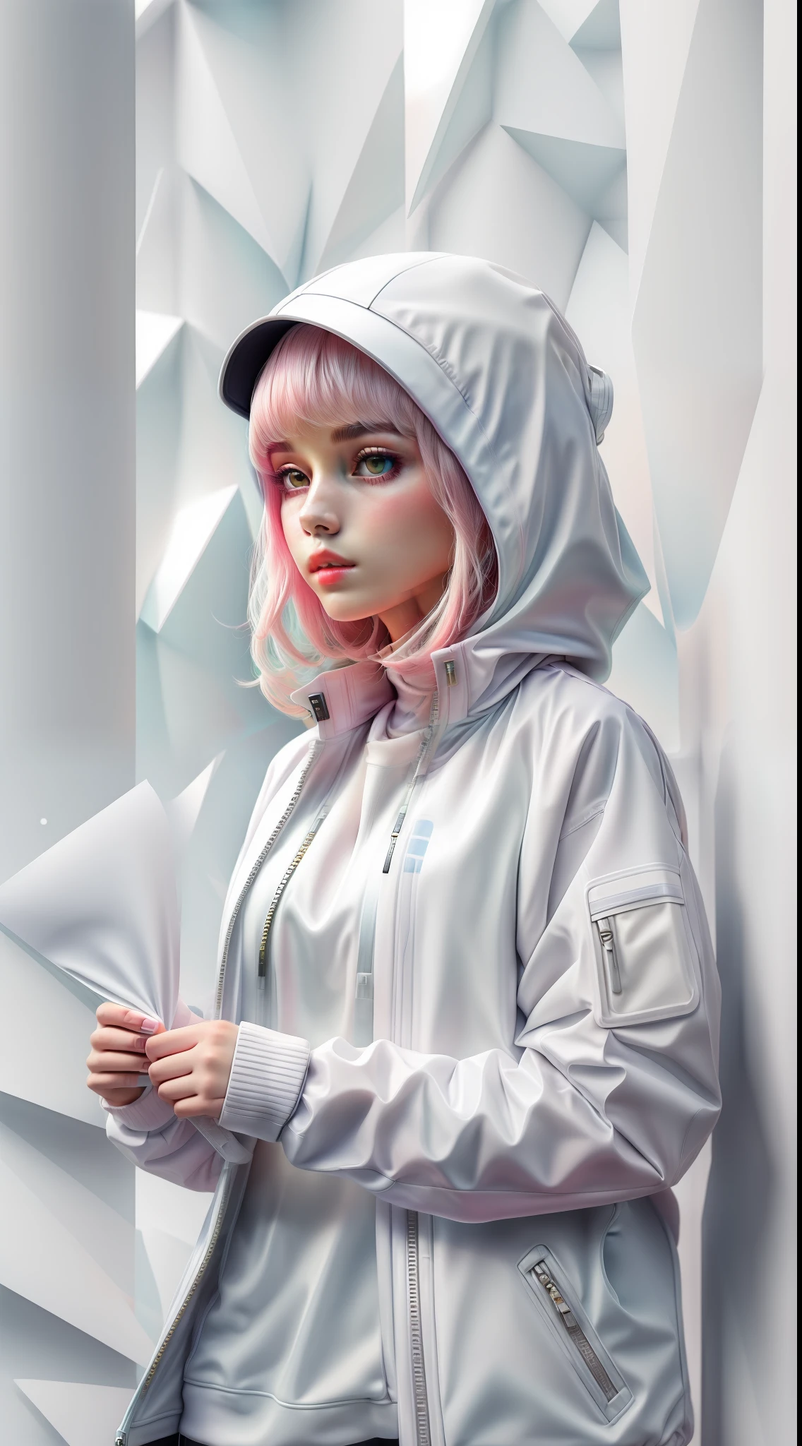 blanc,totally blanc,couleurs pastel,1 fille avec des vêtements techwear,Sexy,fond de papier mignon