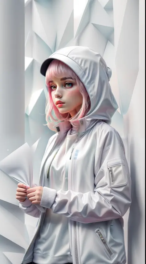 white,totally white,pastel colors,1girl with techwear clothes,sexy,papercute background