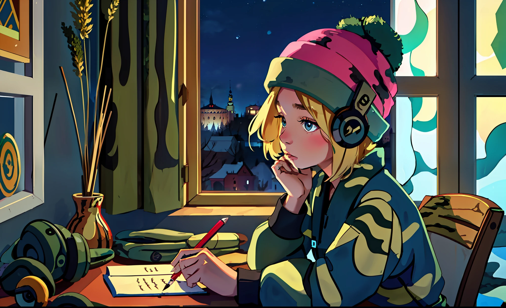 lofiestudiar, 1 chica, escribiendo, Oblicuo, sereno/(pokemon\), pelo rubio, cabello corto, Auriculares, gorro, uniforme de camuflaje, ventana, Ucrania Antecedentes, noche