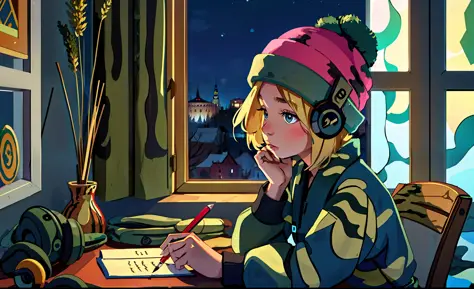 lofistudy, 1girl, writing, sideways, serene/(pokemon\), blonde hair, short hair, headphones, beanie, camouflage uniform, window,...