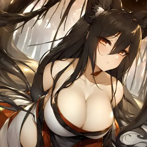 1girl, kitsune, huge breasts, long flowing dress, cleavage, plump, close up, arms behind head , looking at viewer