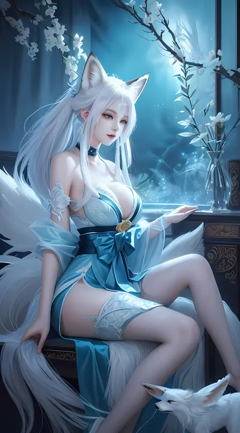 To, masterpiece, beautiful details, colorful, exquisite details, delicate lips, complex details, real a girl with white hair fox sitting on a branch: 1.1, big tits, sexy, seductive, ethereal fox, nine-tailed fox, fox three-tailed fox, Onmyoji detailed art,...