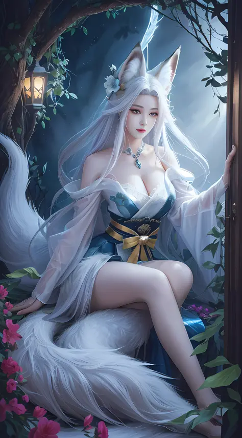 To, masterpiece, beautiful details, colorful, delicate details, delicate lips, complex details, real, ultra-realistic, a girl with white hair fox sitting on a branch: 1.1, big tits, sexy, seductive, ethereal fox, nine-tailed fox, fox three-tailed fox, Onmy...