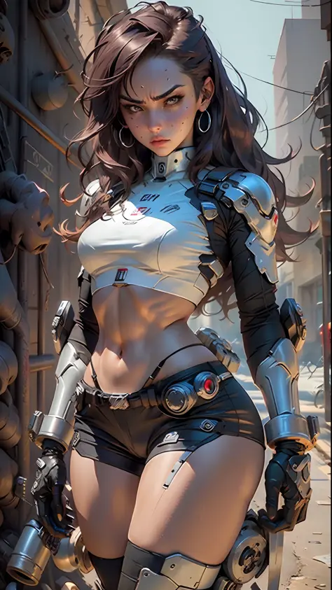 Beautiful woman look angry, short underwear, thick thighs defined body cybernetic prosthesis