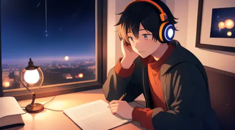 Male anime character sitting with headphones, lofi artstyle, digital anime illustration, detailed 2d illustration, lofi art, 2d ...