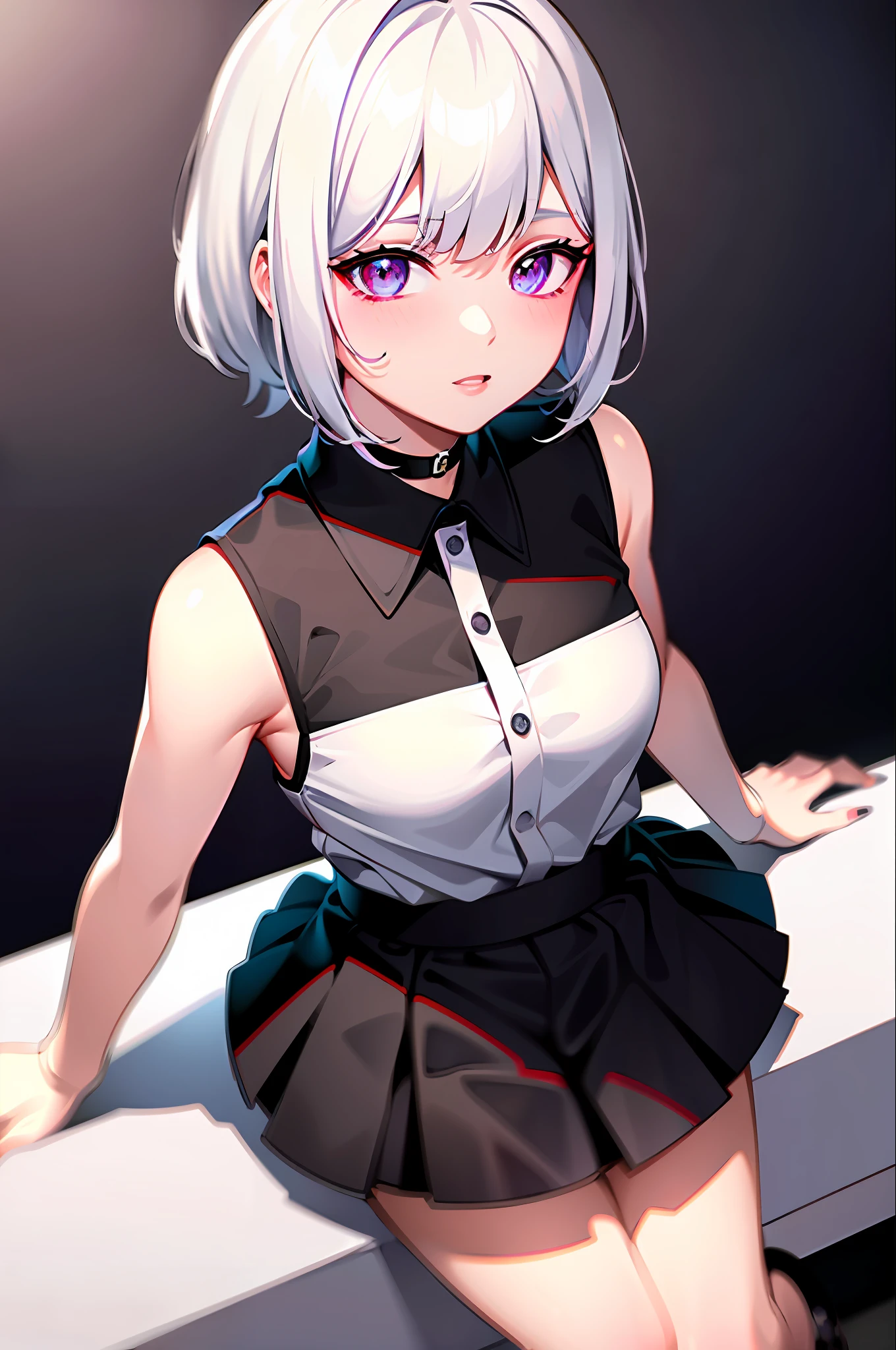 best quality, ultra high res, 1girl, sleeveless white button shirt, black skirt, black choker, cute, (Kpop idol), (aegyo sal:1), (platinum blonde hair:1), ((puffy eyes)), looking at viewer, full body, facing front