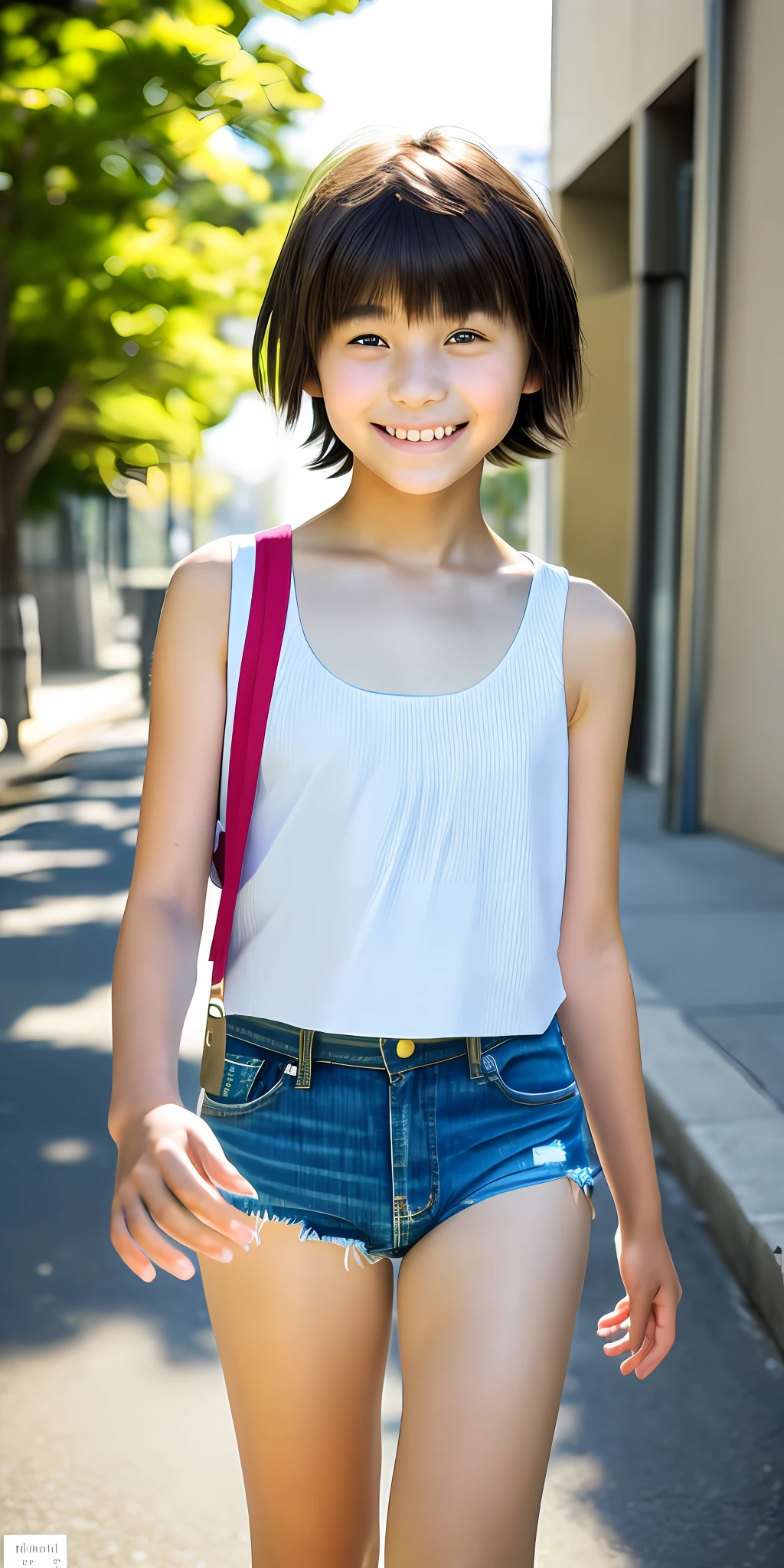 Arafed asian girl in a white tank top and denim shorts - SeaArt AI