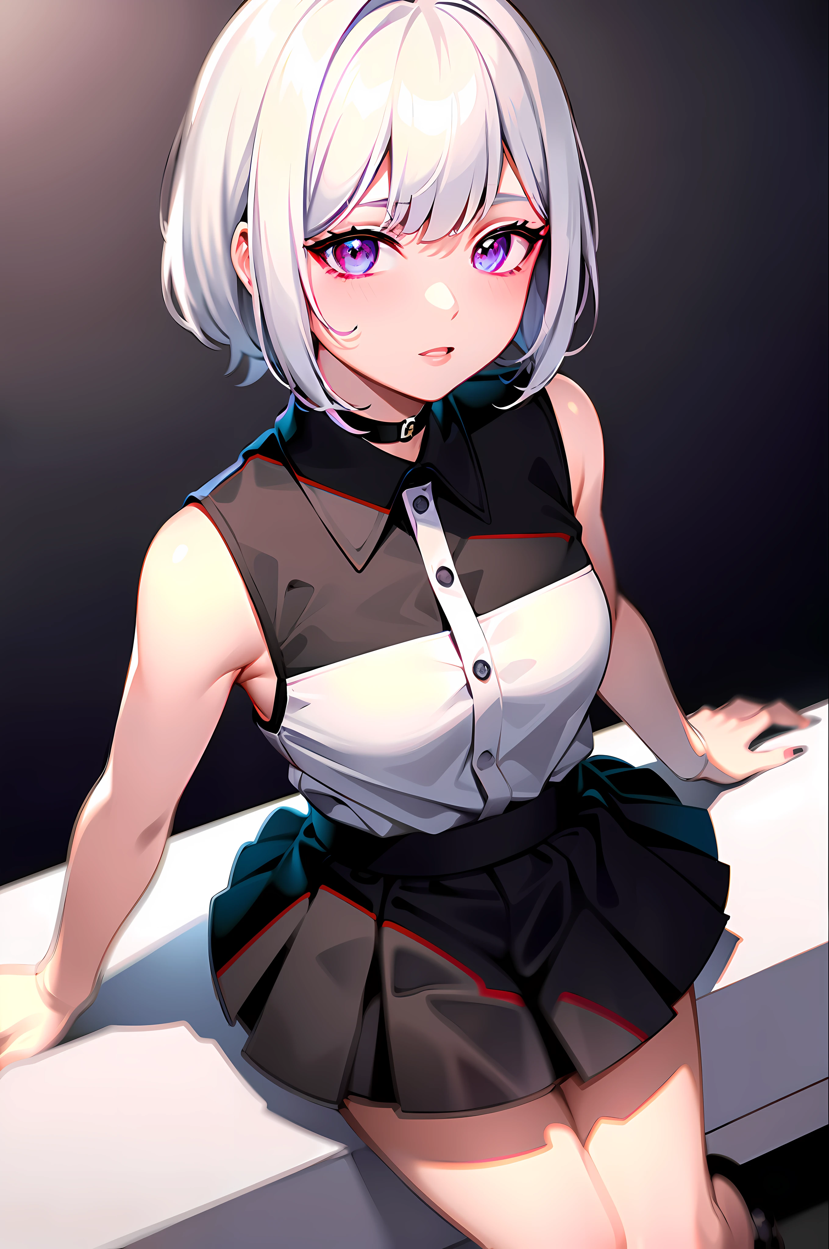 best quality, ultra high res, 1girl, sleeveless white button shirt, black skirt, black choker, cute, (Kpop idol), (aegyo sal:1), (platinum blonde hair:1), ((puffy eyes)), looking at viewer, full body, facing front