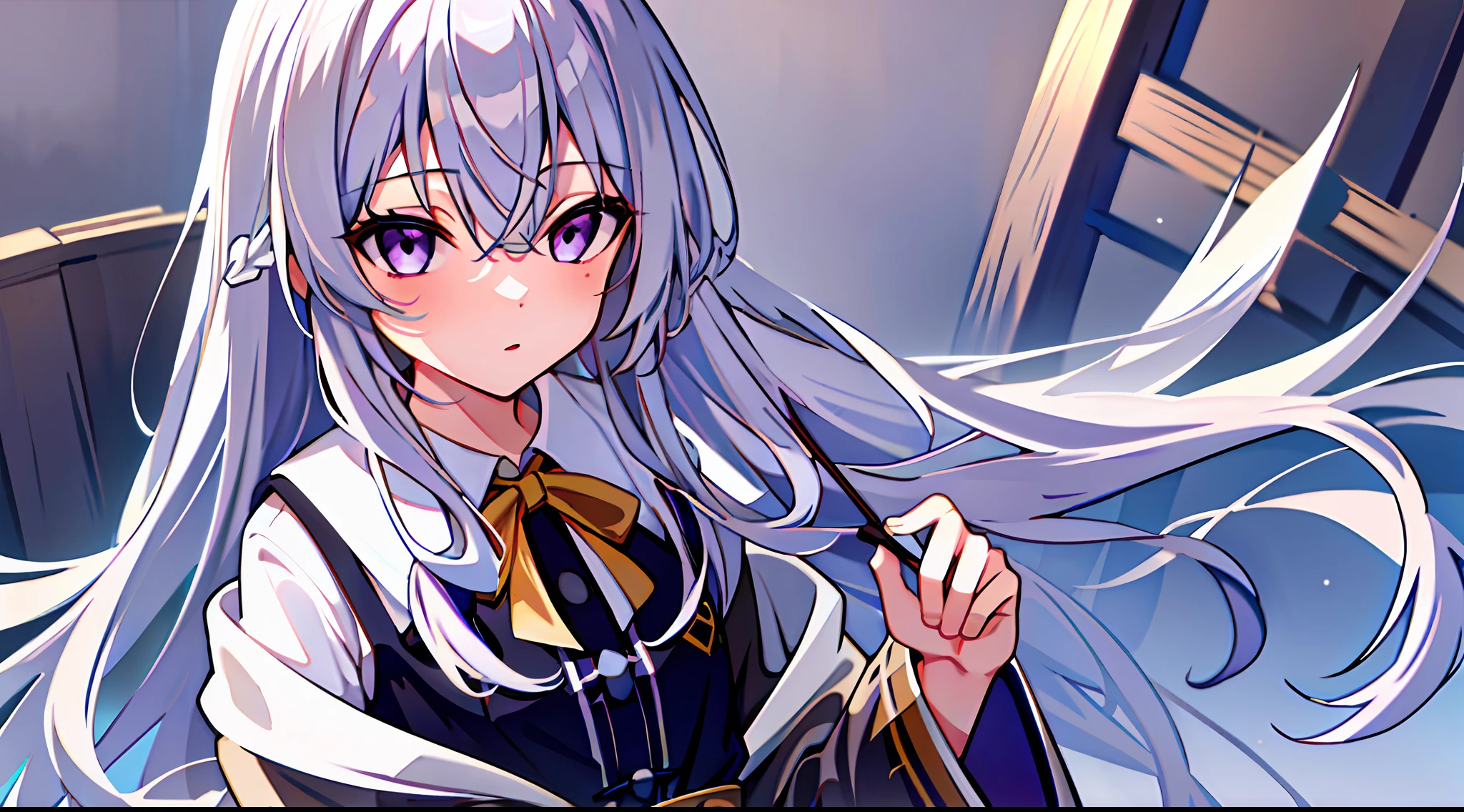 masterpiece, best quality, 1girl, elaina_(majo_no_tabitabi), silver hair, purple eyes, long hair,