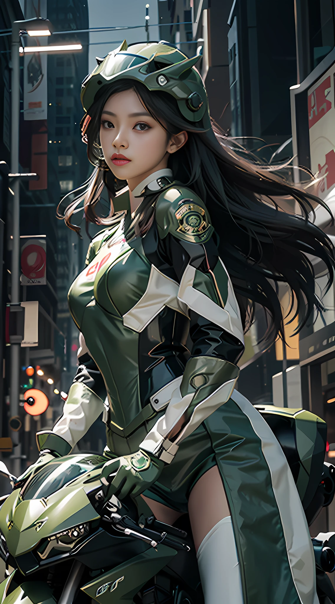 Highest image quality, outstanding details, ultra-high resolution, (realism: 1.4), the best illustration, favor details, highly condensed 1girl, with a delicate and beautiful face, dressed in a black and green mecha, wearing a mecha helmet, holding a directional controller, riding on a motorcycle, the background is a high-tech lighting scene of the future city.