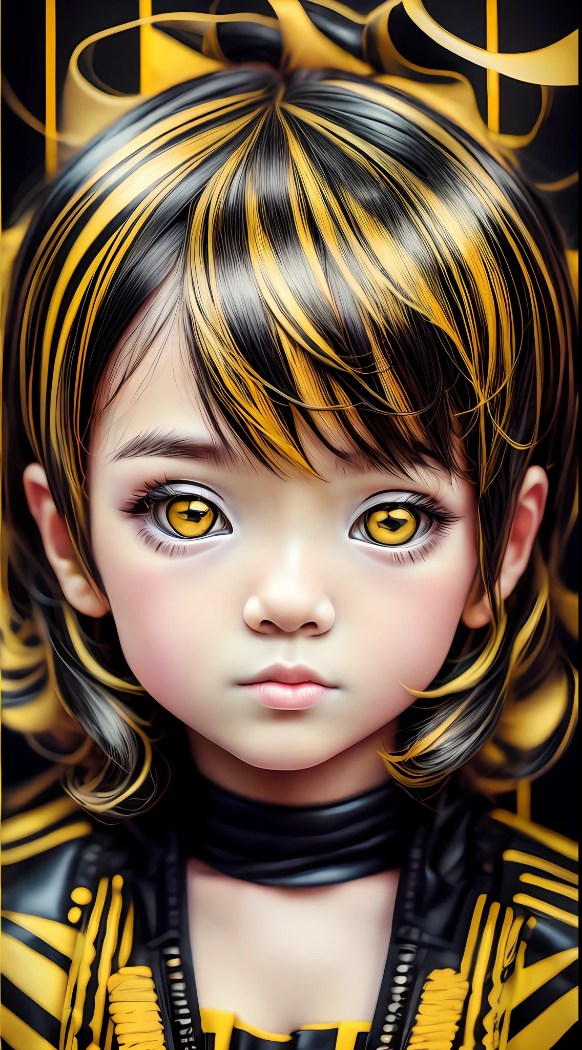 negro y amarillo, Chibi y obra maestra de estilo real., fotografía realista, fondo colorido, retrato detallado