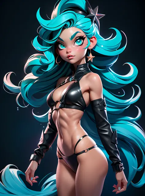 ((Best Quality)), ((Masterpiece)), ((Realistic)) and ultra-detailed photography of a girl with goth colors. She has ((turquoise hair)), wears a (small black micro-thong, black micro-bikini:star motif ) , ((beautiful and aesthetic)), muscular fit body abs, ...