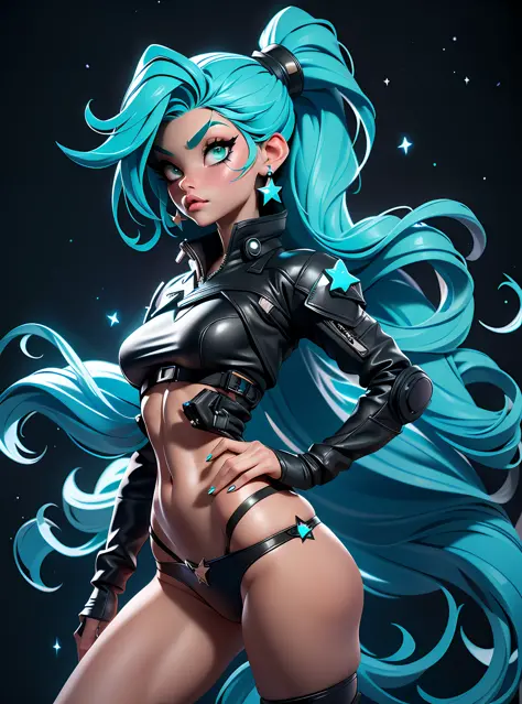 ((Best Quality)), ((Masterpiece)), ((Realistic)) and ultra-detailed photography of a girl with goth colors. She has ((turquoise hair)), wears a (small black micro-thong, black micro-bikini:star motif ) , ((beautiful and aesthetic)), muscular fit body abs, ...