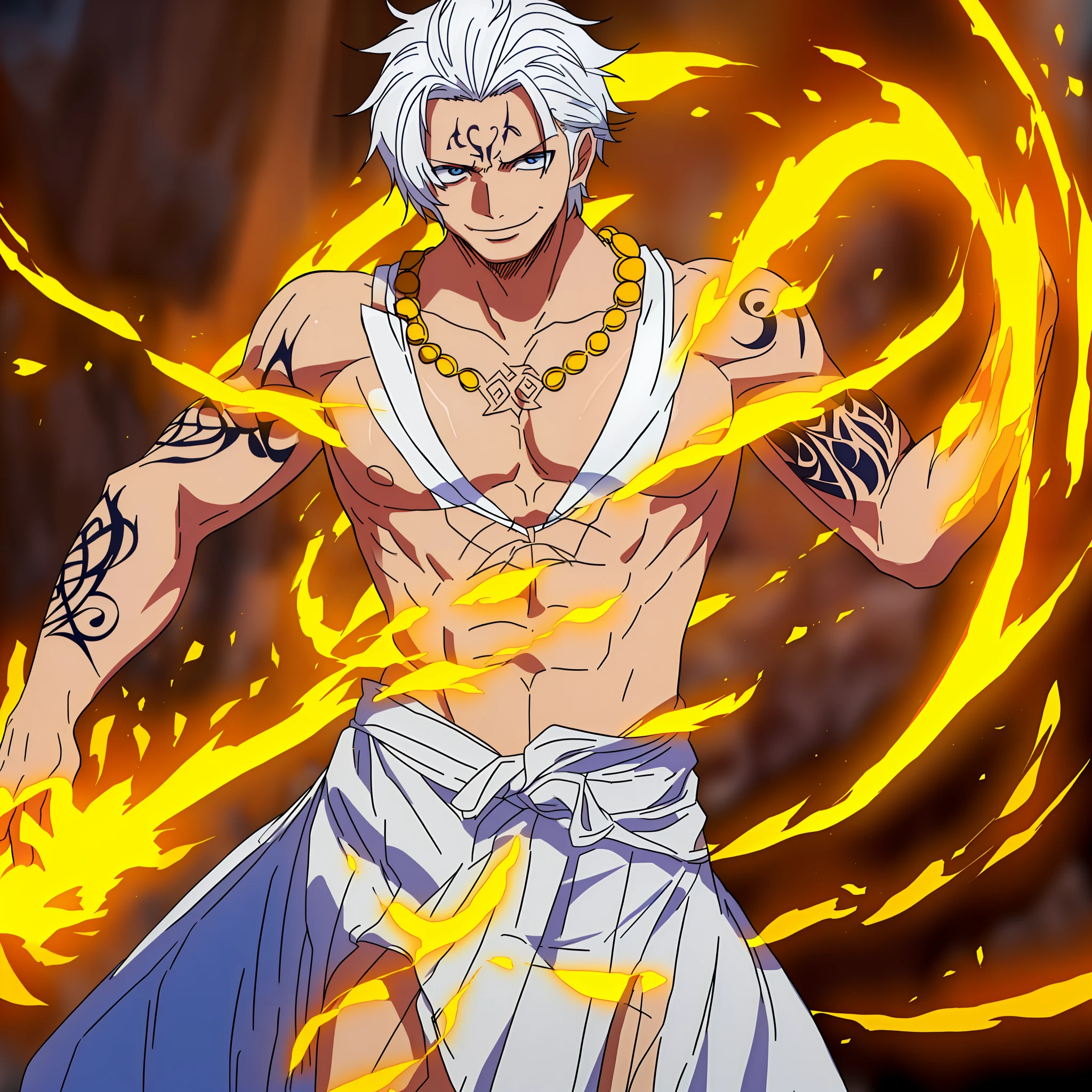 A young man with a thin face and good physique, possesses long, messy white hair, possesses tribal-style tattoos and a proud smile, wears no superior clothing, wears a Greek-style skirt ornamented with gold, as well as gold accessories such as a necklace around his neck
