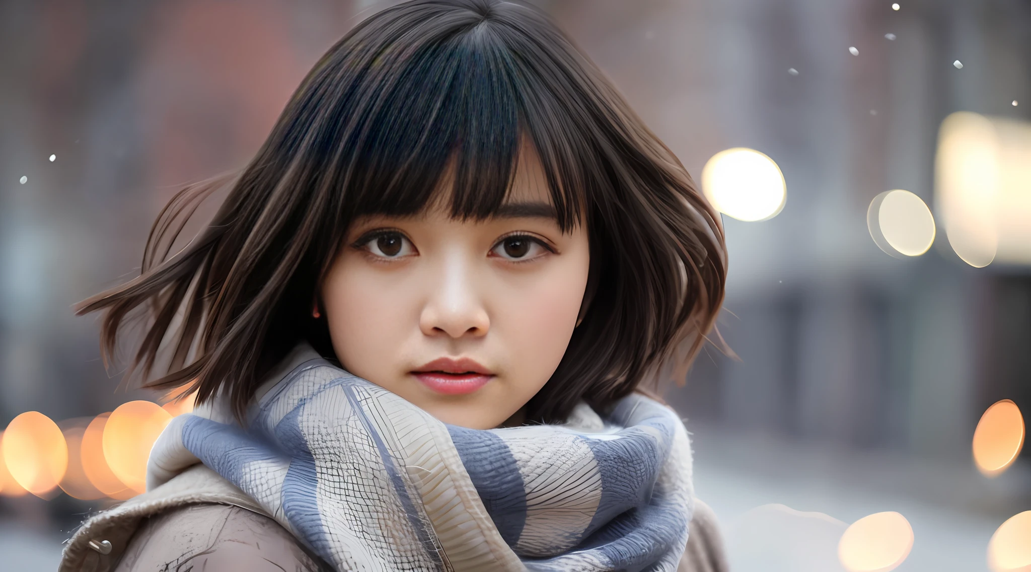 Stunning close-up portrait of a young and beautiful woman with RAW, analog style and impressive features. She should have long, flowing hair, a seductive gaze, and an attractive look. The background is neutral and simple, allowing the woman to be the focal point of the image. Pay attention to details, such as highlights and shadows on her face and hair, to create realistic and realistic images. Experiment with different lighting techniques to enhance the mood and atmosphere of your portrait. The final product should be a masterpiece that captures the essence and beauty of a woman ((very detailed skin, skin details)), Sharp Focus, Volumetric Fog, 8K, UHD, DSLR, High Quality, Film Grain, Fujifilm XT3, Long Sleeve Dress, Wool Dress, Dark Blue Floret Dress, Wearing a Woolen Coat, Short-Cut Hair, Tousled Hair, wind, antique street corner, north wind, dead leaves, fallen leaves, fallen leaves fluttering in the wind, cold, cold, street corner crowded with Christmas decorations, girl alone with a lonely expression, lights, orange city lights, warm lights, Christmas lights, blurred lights, sad expression, tears in the eyes, a ray of tears,