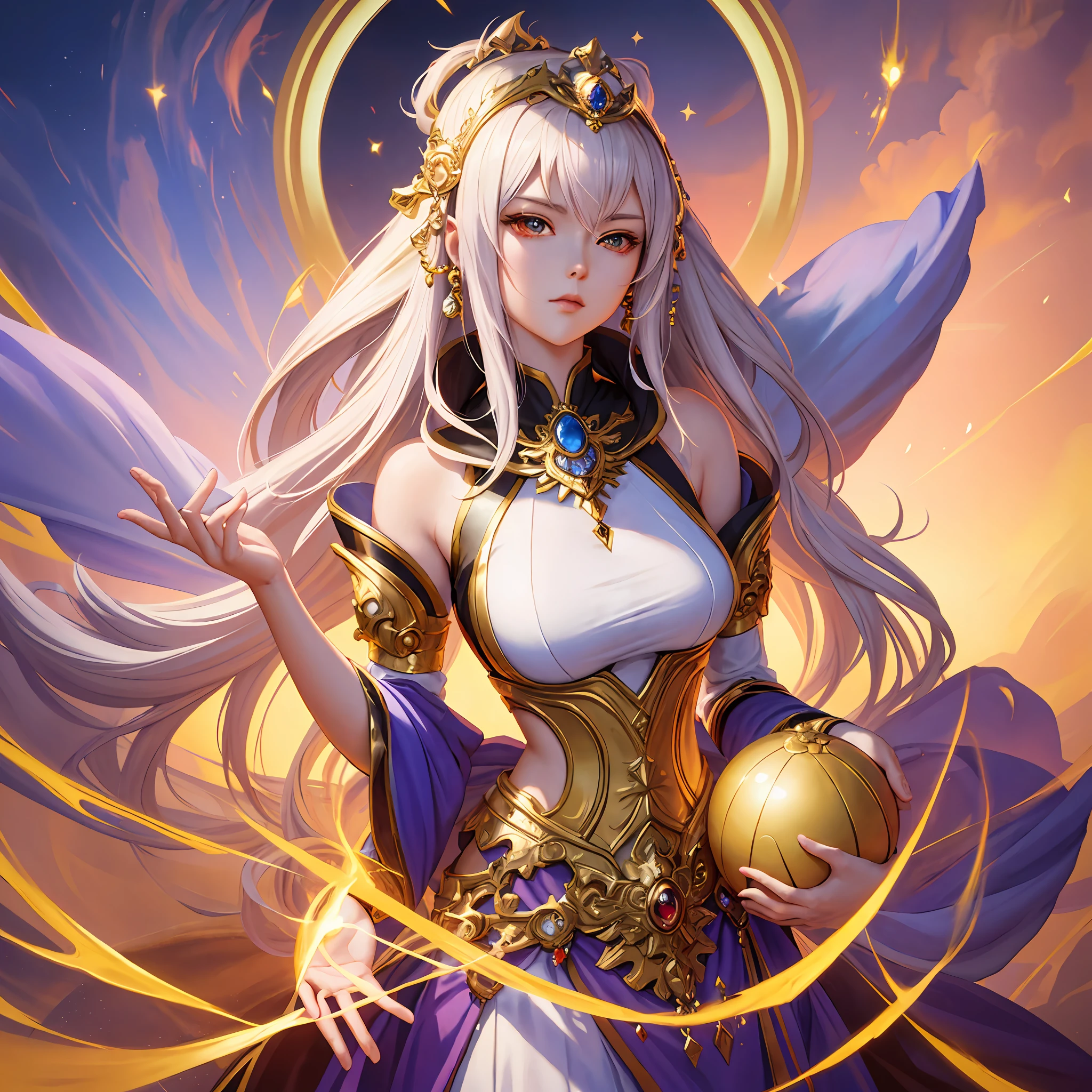 uma pintura de uma mulher fantasiada segurando uma bola, uma linda imperatriz de fantasia, extremely detailed artegerm, Arte detalhada de alta qualidade em 8K, Deusa dos animes, por Yang J, ((uma linda imperatriz de fantasia)), linda pintura de personagem, style of artegerm, 2. arte de fantasia de anime 5 d cgi, artegerm. ilustração de anime