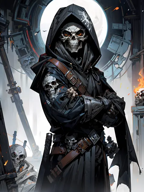 hood, skull, skeleton, solo, 1boy, male focus, fire, robe, hood up, cloak, upper body, copyright name, black background,skull fa...