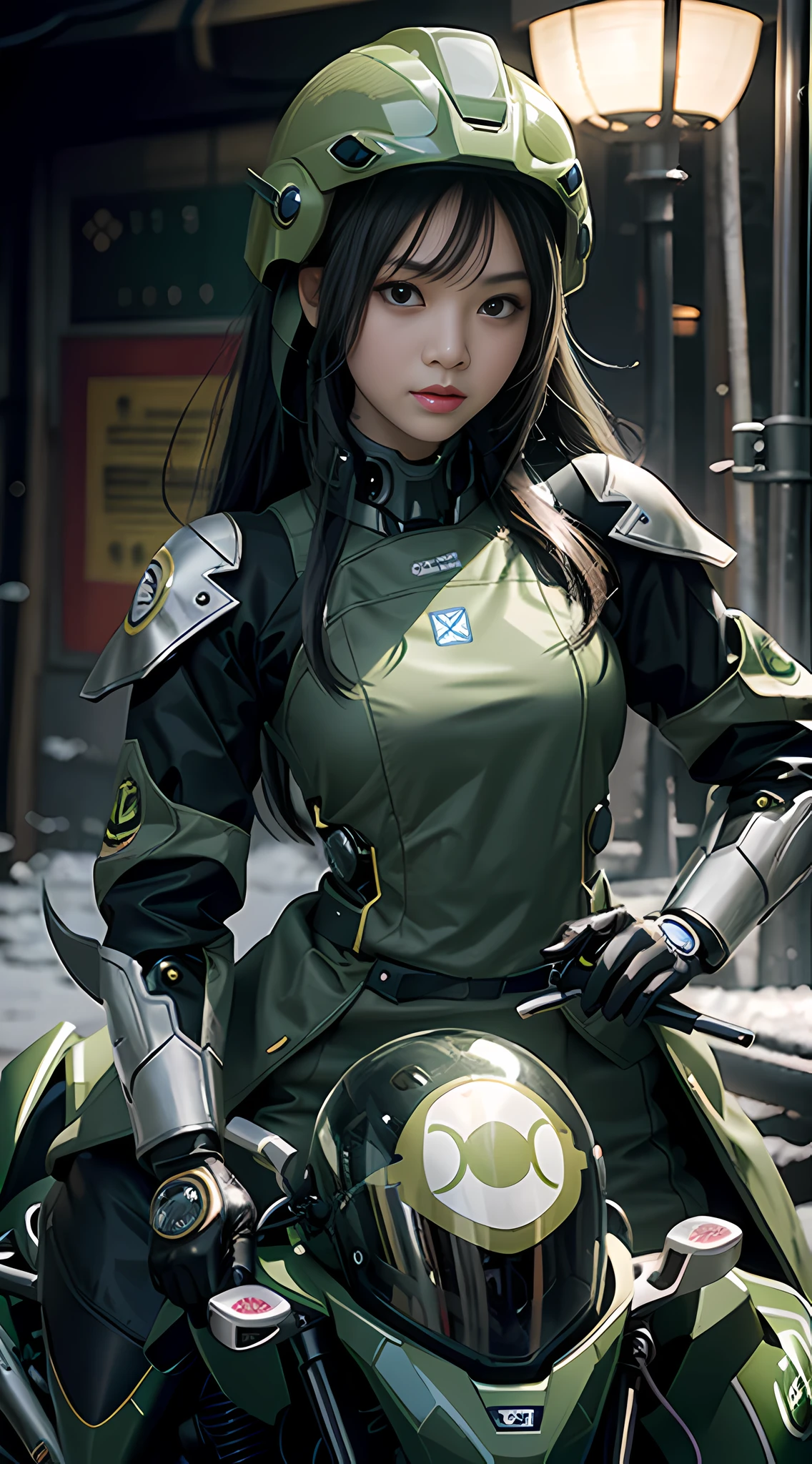 Highest image quality, outstanding details, ultra-high resolution, (realism: 1.4), the best illustration, favor details, highly condensed 1girl, with a delicate and beautiful face, dressed in a black and green mecha, wearing a mecha helmet, holding a directional controller, riding on a motorcycle, the background is a high-tech lighting scene of the future city.