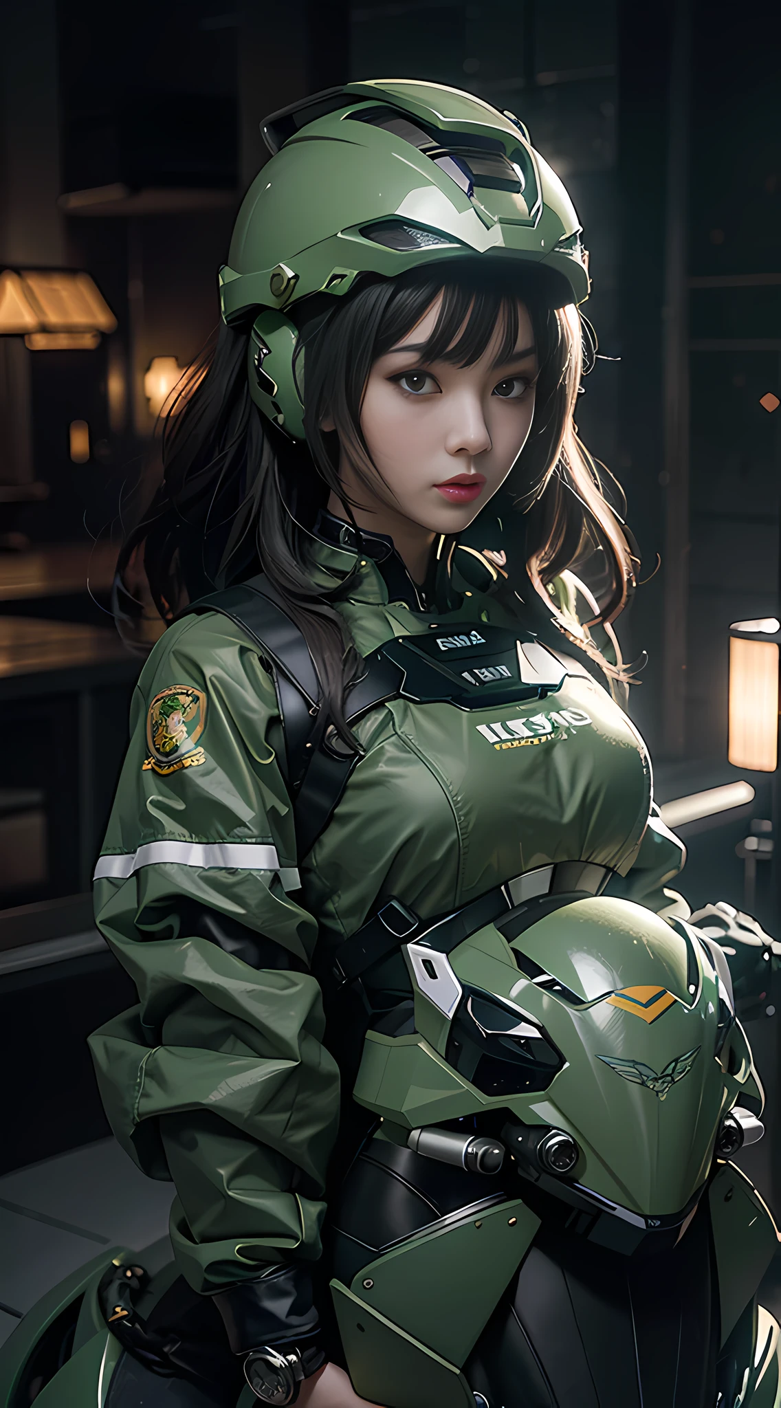 Highest image quality, outstanding details, ultra-high resolution, (realism: 1.4), the best illustration, favor details, highly condensed 1girl, with a delicate and beautiful face, dressed in a black and green mecha, wearing a mecha helmet, holding a directional controller, riding on a motorcycle, the background is a high-tech lighting scene of the future city.