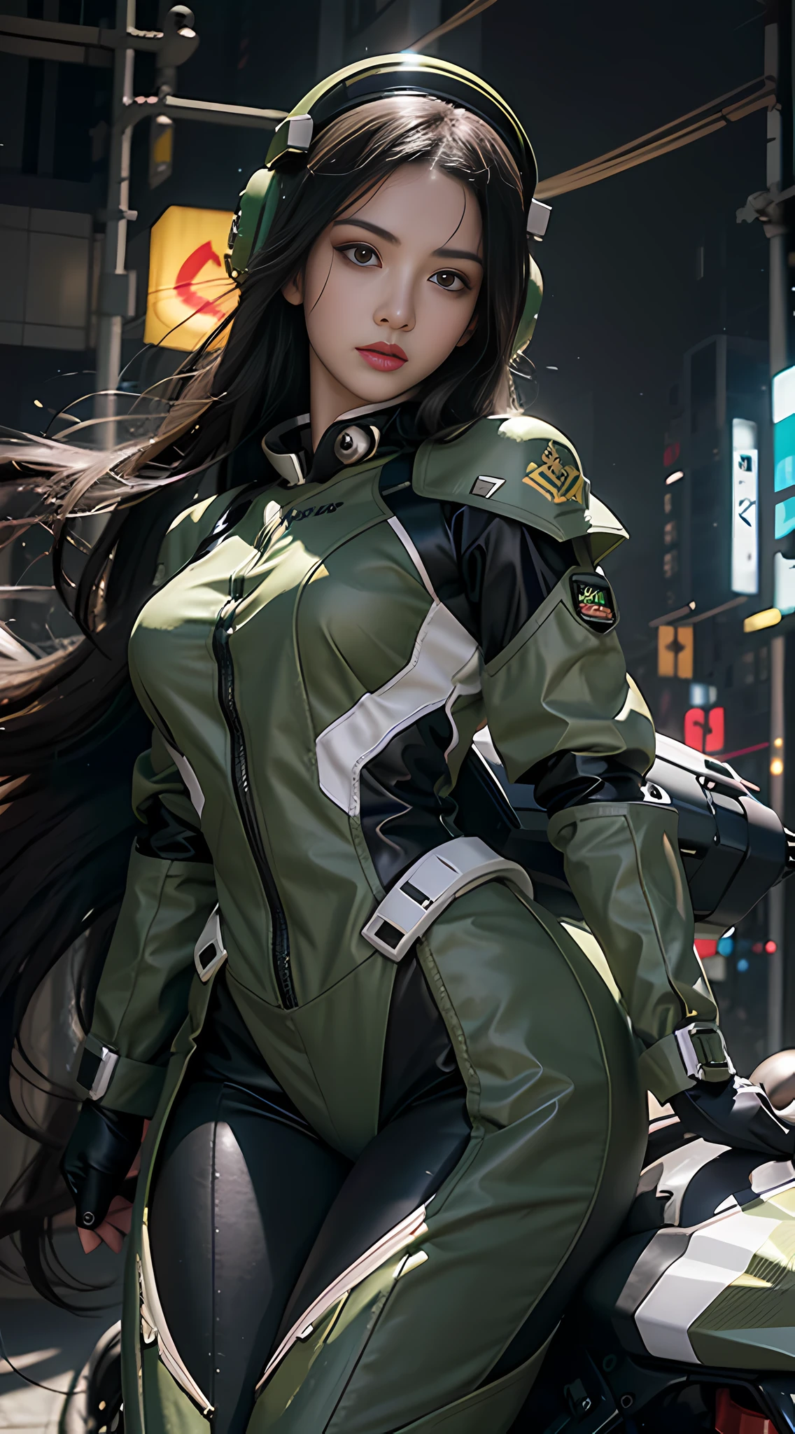 Highest image quality, outstanding details, ultra-high resolution, (realism: 1.4), the best illustration, favor details, highly condensed 1girl, with a delicate and beautiful face, dressed in a black and green mecha, wearing a mecha helmet, holding a directional controller, riding on a motorcycle, the background is a high-tech lighting scene of the future city.