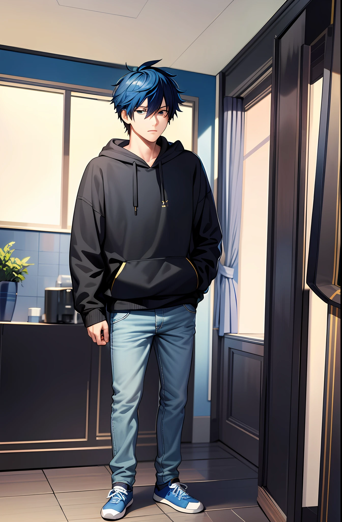 (masterpiece,best quality, detailed), 1boy, male focus,  indoors, standing, full body, headphones, looking away, royal blue hair, green eyes
socks, game controller, holding, holding controller, black hoodie, blue tennis shoes, jeans