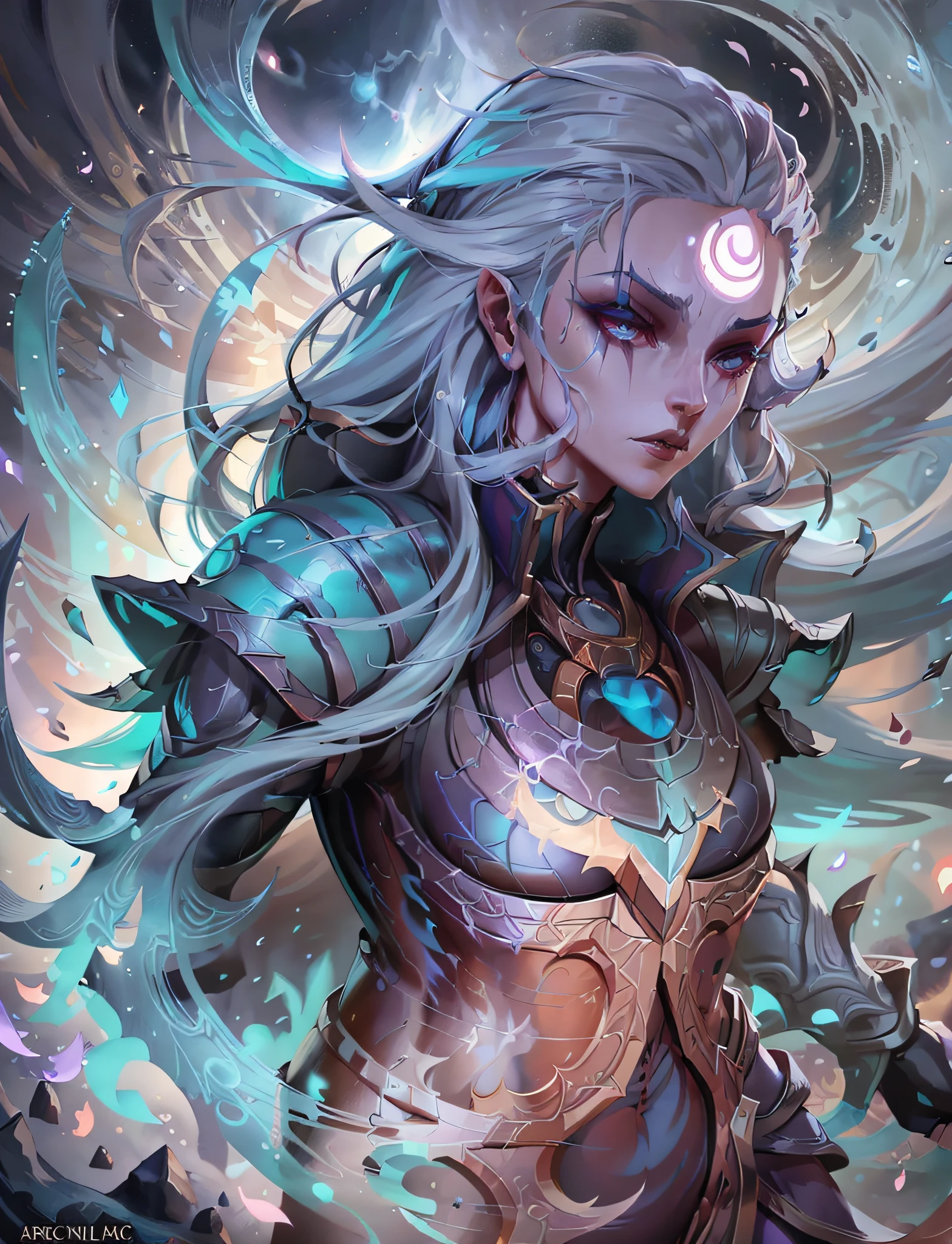 fractal dan Mumford, League of Legends Arcane, arcane art style, epic fantasy digital art style, painted in arcane style, in Mohrbacher's art style, wizard to rise, arcane from Netflix, Archmage, Arcane concept art,A warrior,Skin reminiscent of the moon's glow in the sea, hair like sea foam