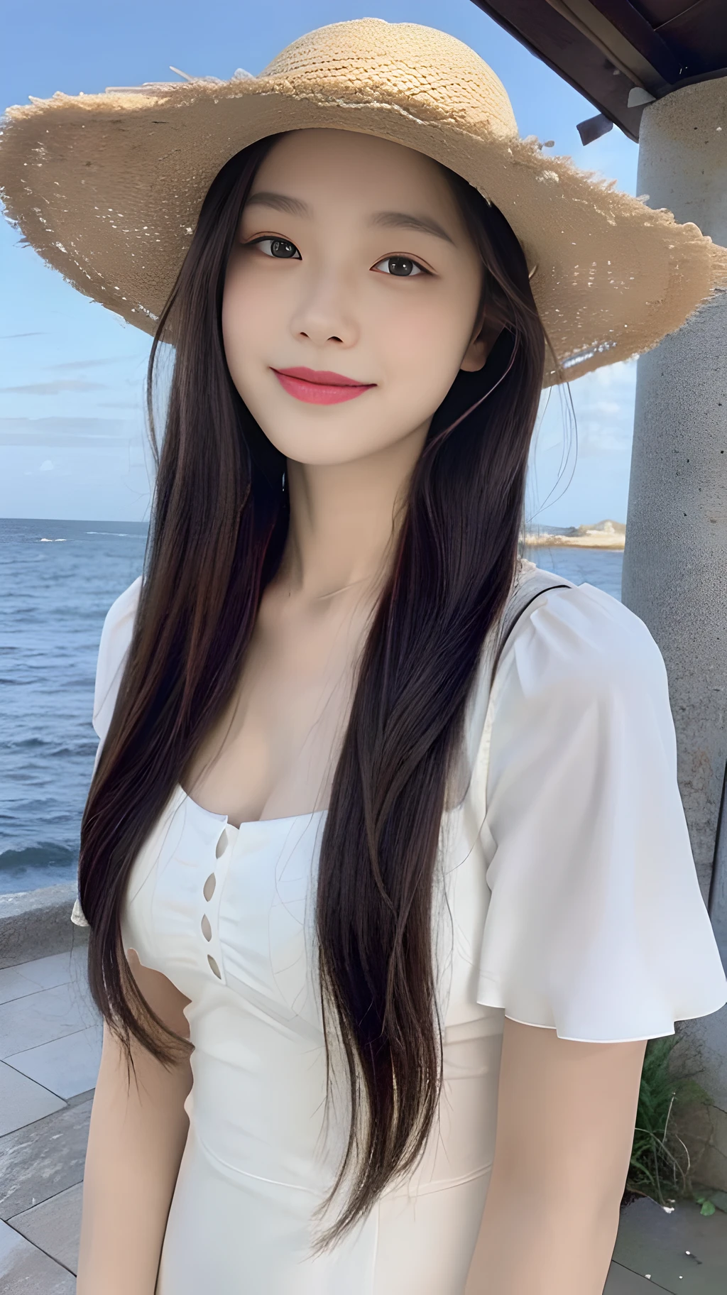 ((Best Quality, 8K, Masterpiece: 1.3)), (Straw Hat: 1.3), Focus: 1.2, Perfect Body Beauty: 1.4, Buttocks: 1.2, (Layered Haircut: 1.2), (Dark Street: 1.3), Highly Detailed Face and Skin Texture, Full Body, Fine Eyes, Double Eyelids, Whitened Skin, Long Hair, (Round Face: 1.5), (Touch-Chest Dress: 1.6). Smile by the sea